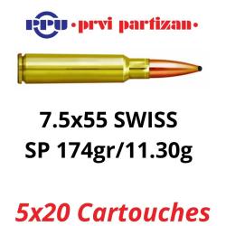 Lot de 5 boites de 20 cartouches PPU Calibre 7,5x55 SUISSE - 174grs SP