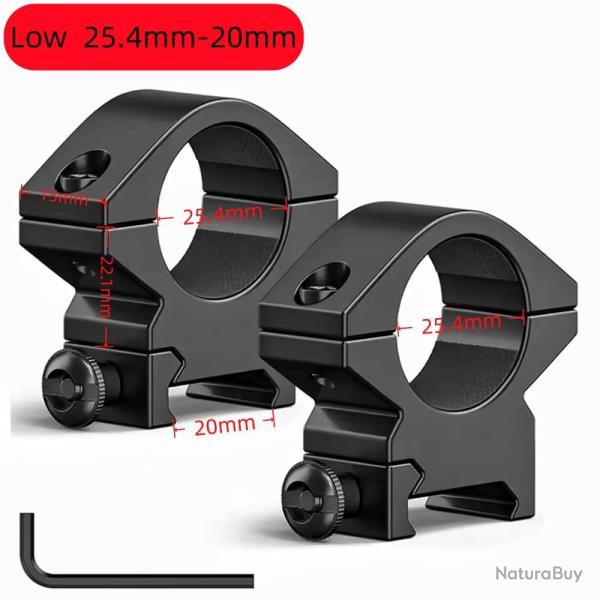 Colliers/Anneaux 20mm Rail Weaver/Picatinny BAS Large 15mm Diam�tre 25.4mm Lunette de Vis�e lampes