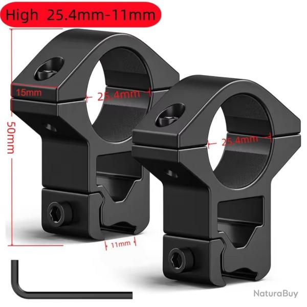 Colliers/Anneaux 11mm Rail Weaver/Picatinny HAUT Large 15mm Diam�tre 25.4mm Lunette de Vis�e lampes