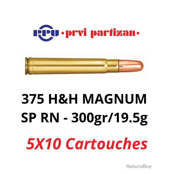 Prix de folie - Lot de 5 boites de 10 Cartouches PPU Calibre 375 H&H Mag SP RN 300grs