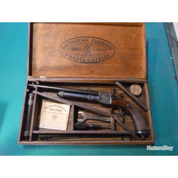Superbe et rarissime pistolet giffard  en coffret St Etienne + tous accessoires et cartouche sup.