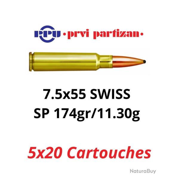 Prix de folie - Lot de 5 boites de 20 cartouches PPU Calibre 7,5x55 SUISSE - 174grs SP