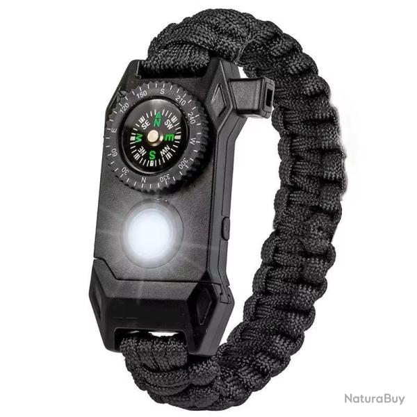 Bracelet Paracorde Multifonction SOS Lampe LED Boussole Sifflet NOIR Outdoor Trekking Secours