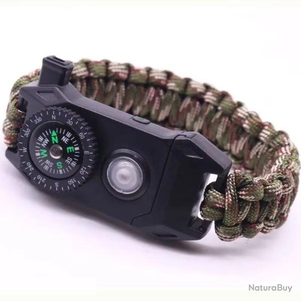 Bracelet Survie Outdoor Paracorde SOS Lampe LED Boussole Sifflet CAMOUFLAGE Secours Trekking