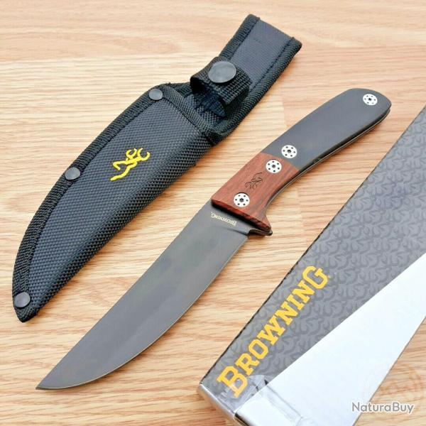 Couteau de Chasse Bushcraft Browning Lame Acier 3Cr13 Manche Bois Black/Brown Etui Nylon