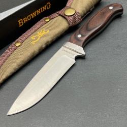 Couteau Browning Buschraft Skinner Lame Acier Inox Manche Bois Etui Nylon Tan 001