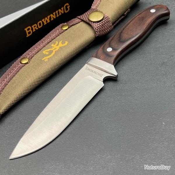 Couteau Browning Buschraft Skinner Lame Acier Inox Manche Bois Etui Nylon Tan 001