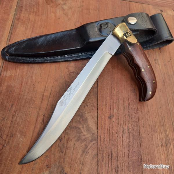 Joli Couteau de Chasse DAGUE L�OPARD � la d estaing Manche en Bois avec �tui en cuir