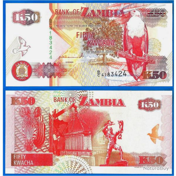 Zambia 50 Kwacha 1992 Neuf Aigle Zebre Animal Oiseau Billet