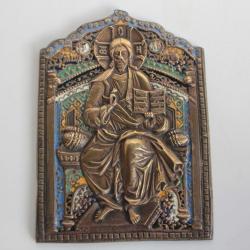 Ic&ocirc;ne bronze &eacute;maill&eacute; Le Sauveur sur le tr&ocirc;ne