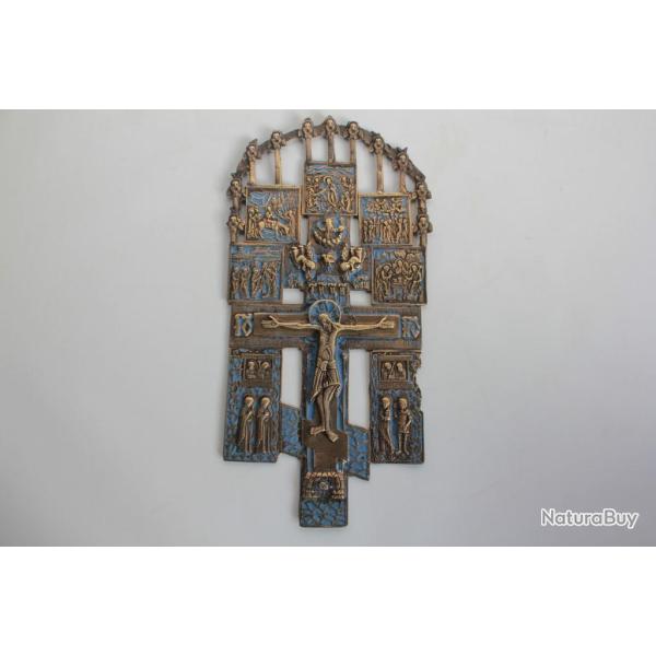 Ic�ne Croix de crucifixion orthodoxe bronze �maill� Russie XIXe si�cle