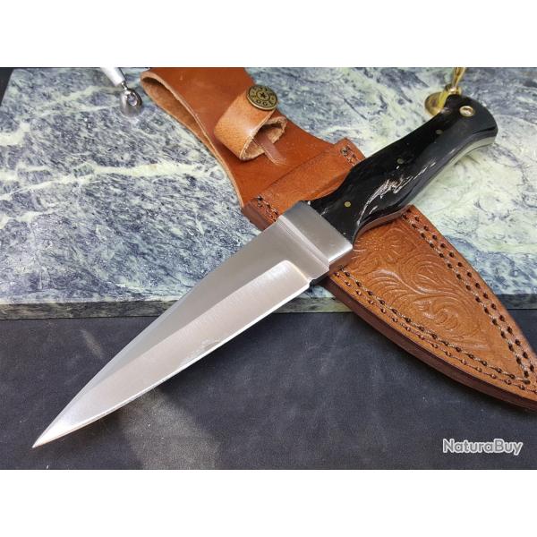 Couteau Dague Scottish Dirk Sheffield Sgian Dubh Acier Carbone Manche Corne Etui Cuir