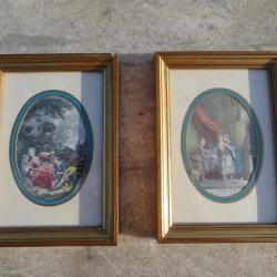 DUO de cadre miniature de forme ovale, avec gravure en couleur dans le gout du XVIII&eacute; si&egrave;cle (XX&eacute;)