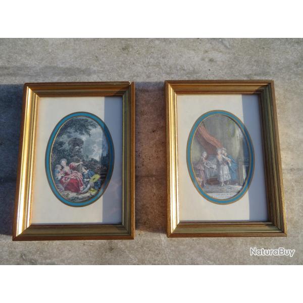 DUO de cadre miniature de forme ovale, avec gravure en couleur dans le gout du XVIII� si�cle (XX�)