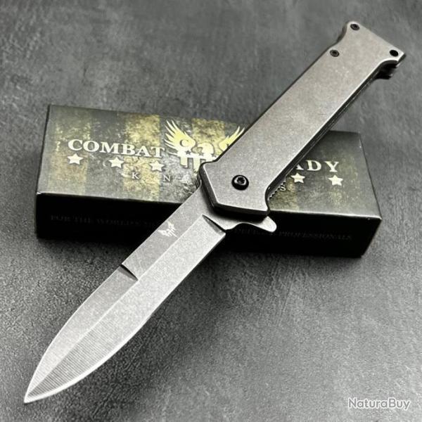 Couteau Combat Ready Stiletto Linerlock Lame Baionette Acier 440 Manche Acier Clip