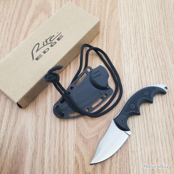 Couteau de Cou Rite Edge Combat Neck Lame Clip Point Acier Inox Satin Manche Black Nylon Etui Abs 01