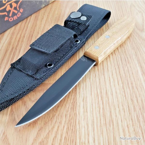 Couteau de Survie Bushcraft Old Forge Lame Acier Carbone/Inox Manche Bois Etui Nylon