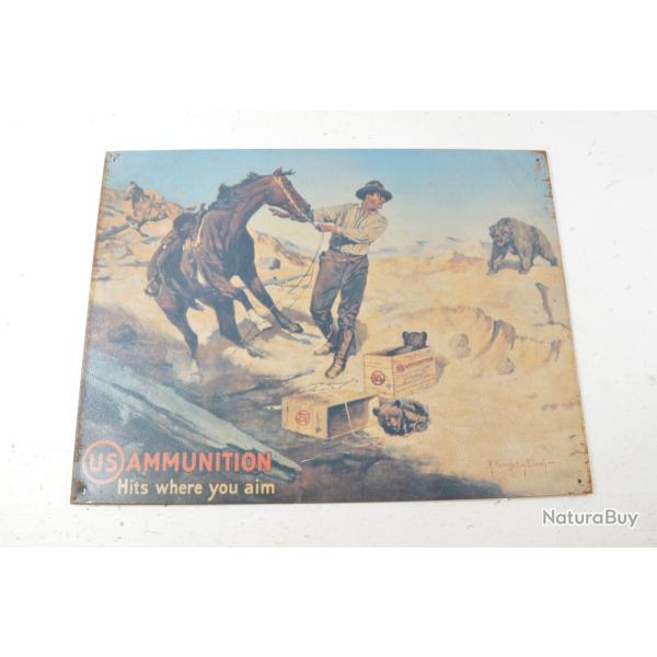 Repro plaque publicitaire US Ammunition hits where you aim Western, chasse � l'ours
