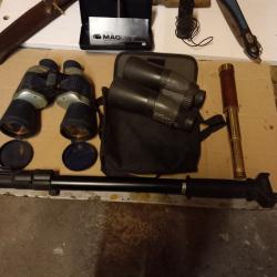 LOT JUMELLES, LAMPE, LONGUE VUE ANCIENNE, MONOCULAIRE , CANNE pirsch et COUTEAUX.