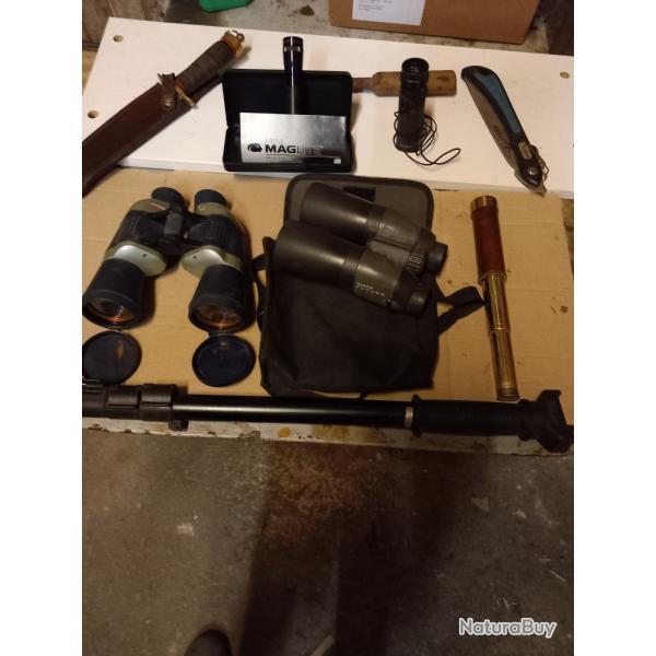 LOT JUMELLES, LAMPE, LONGUE VUE ANCIENNE, MONOCULAIRE , CANNE pirsch et COUTEAUX.