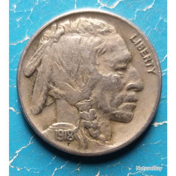 MAGNIFIQUE PIECE 5 CENTS BUFFALO TETE D'INDIEN USA 1918 TRES RECHERCHEE