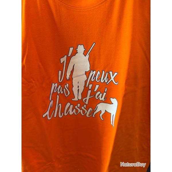 TEE-SHIRT ORANGE "JE PEUX PAS J'AI CHASSE " TAILLE M