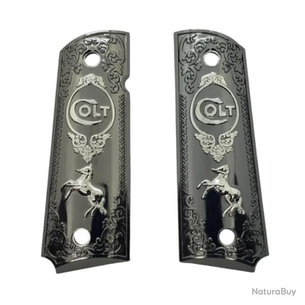 PLAQUETTE GRIP 1911 CUSTOM LOGO COLT BLACK SILVER