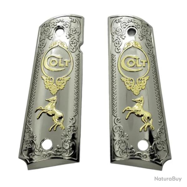 PLAQUETTE GRIP 1911 CUSTOM LOGO COLT NICKEL ET OR