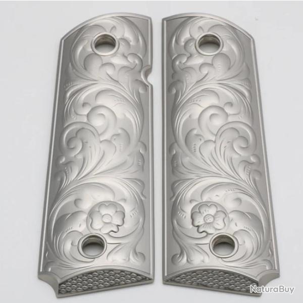 PLAQUETTE GRIP 1911 CUSTOM SCROLL ENGRAVING NICKEL MAT