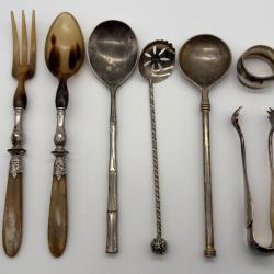 Lot Couverts Service Ancien M&eacute;tal Argent&eacute; Italie Corne Salade XIXe Vintage Pince Sucre