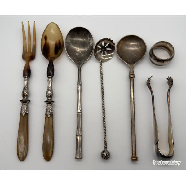 Lot Couverts Service Ancien M�tal Argent� Italie Corne Salade XIXe Vintage Pince Sucre