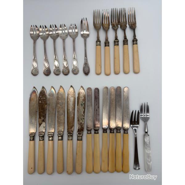 Lot Couverts 6 Couteaux Argent Massif Minerve Ma�tre Orf�vre JA Fourchettes Service Poisson ERCUIS