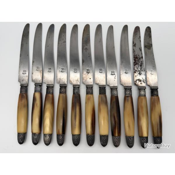 S�rie Lot 11 Couteaux Table Anciens HB PARIS Henri B�ard Manche Corne M�tal Argent�