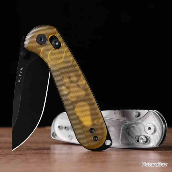 Couteau Kizer Vanguard Buddy II Lame Drop Point Acier AEB-L Black PVD Manche PEI Jaune KIV3790A1