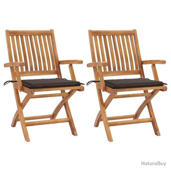 Chaises de jardin lot de 2 et coussins taupe Bois teck massif