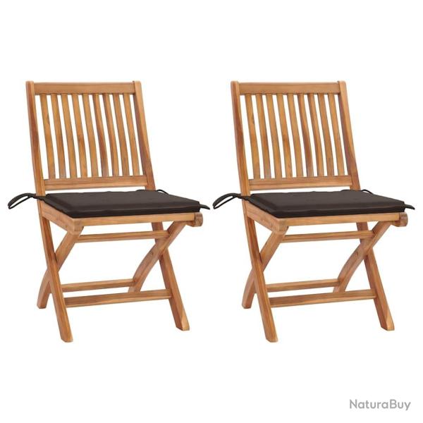 Chaises de jardin lot de 2 et coussins taupe Bois teck massif