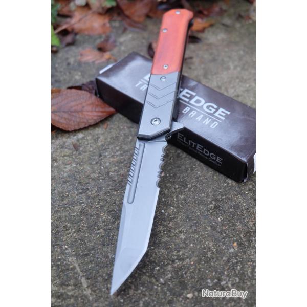 Couteau ElitEdge Semi-Automatique Lame Tanto Serr Acier 440C Manche Acier/Bois Linerlock Clip