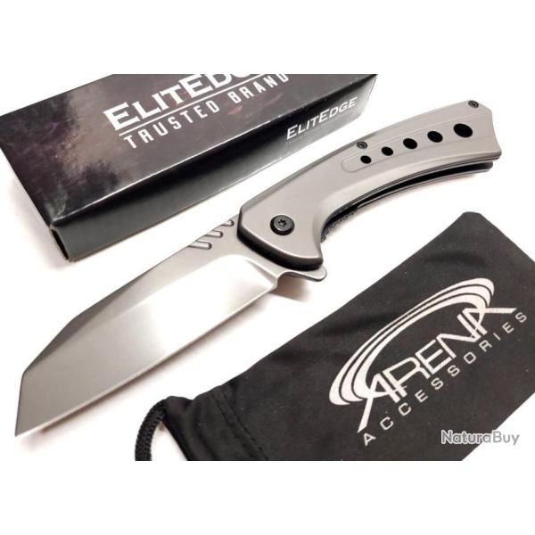 Couteau ElitEdge Semi Automatique Gray Lame Acier 440C Tanto Reverse Manche Acier Linerlock Clip