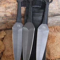 Set de 3 Couteaux Ninja Kunai Lame Acier Acier Inoxydable Noir Manche Cordelette Housse Nylon
