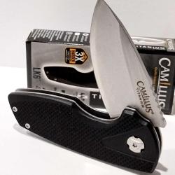 Couteau Camillus LK6 | Lame Drop Point Acier 440 Titanium | Manche Black G10 & Acier Framelock 01