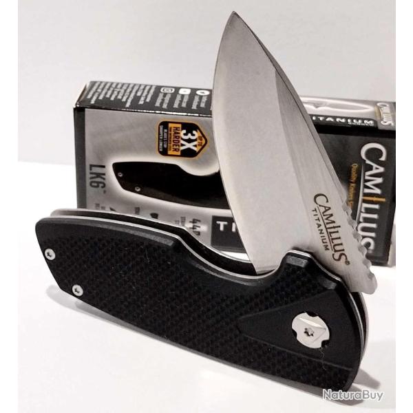 Couteau Camillus LK6 | Lame Drop Point Acier 440 Titanium | Manche Black G10 & Acier Framelock 01