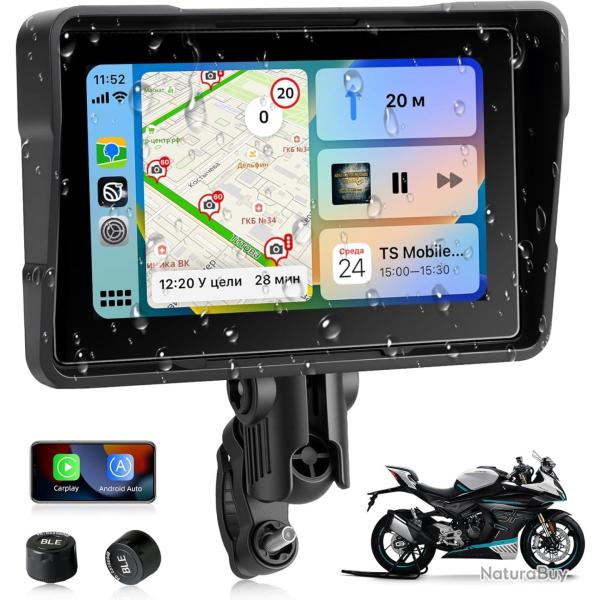 �cran Carplay Moto avec TPMS, 5 Pouces sans Fil Carplay et Android Auto pour Moto, Bluetooth,Tactile