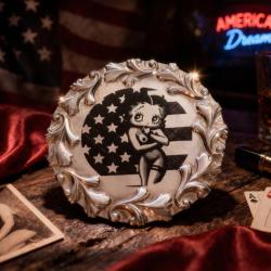 Coupelle Betty Boop Nude Pin-Up USA Flag :Support Our Troops - M&eacute;tal Argent&eacute; Vintage 9,5cm Burlesque