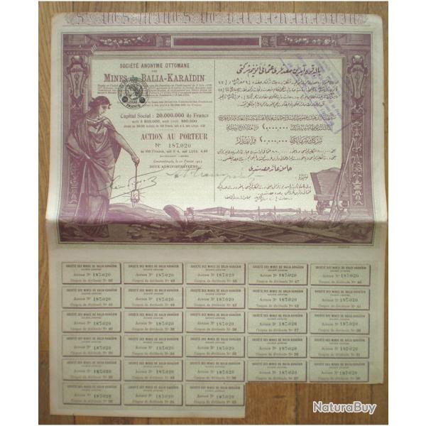 Ottoman Turquie Mines de Balia Karaidin Action 100 Francs 1923 Bon