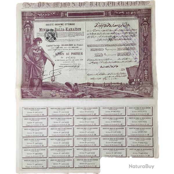 Ottoman Turquie Mines de Balia Karaidin Action 100 Francs 1923 Bon