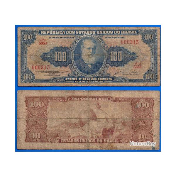 Bresil 100 Cruzeiros 1955 A 1959 Signature 5 Serie 535 Billet Numero 000315