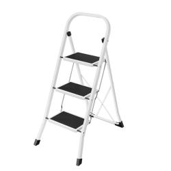 &Eacute;chelle pliable escabeau marchepied 3 niveaux acier antid&eacute;rapant avec barre de s&eacute;curit&eacute; blanc 12_00