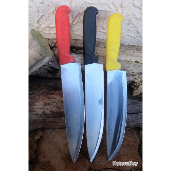 Lot de 3 GROS Couteau de Boucher Abattoir Cuisine Lame Acier Inox 220HC Manche ABS professionnel