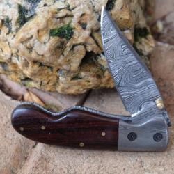 Beau Couteau Damas Lame 128 Couches Manche Bois Mitres Damas Fab Artisanale Linerlock 000