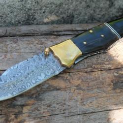 Beau Couteau Lame 128 Couches Acier Damas Manche Poisson B&eacute;lier & R&eacute;sine Fab Artisanale Linerlock